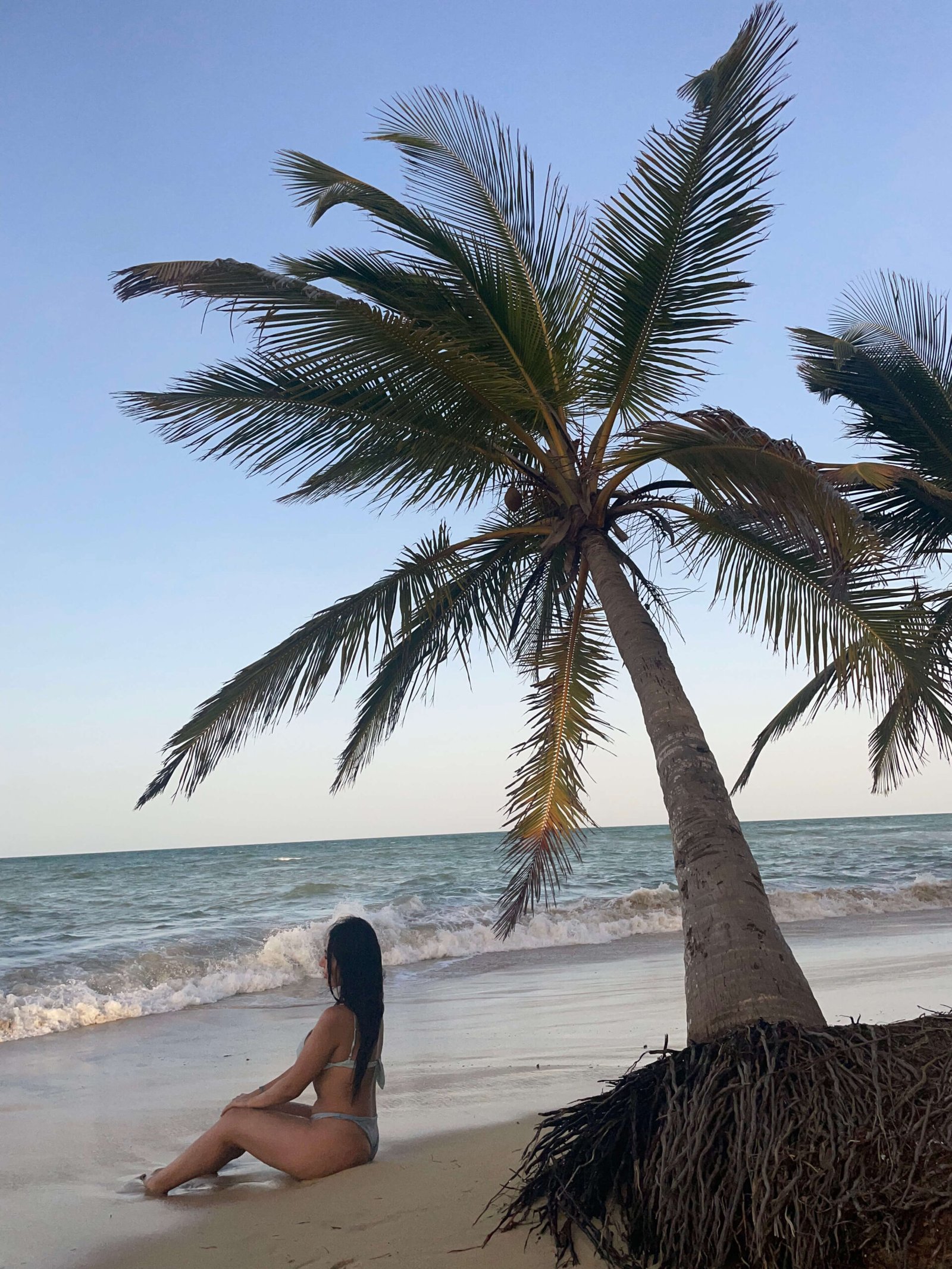Viajera disfrutando de la playa de Punta Cana, sentada en la arena junto a una palmera inclinada con el mar Caribe de fondo. Un momento de paz y conexión con la naturaleza tropical de República Dominicana.